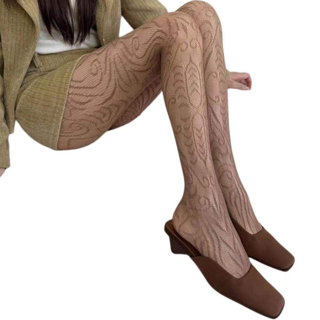 Japanese Aesthetic Vintage Hollowed Sheer Fishnet Stockings with Exotic Patterned Mesh Net Tights Pantyhose for Women
