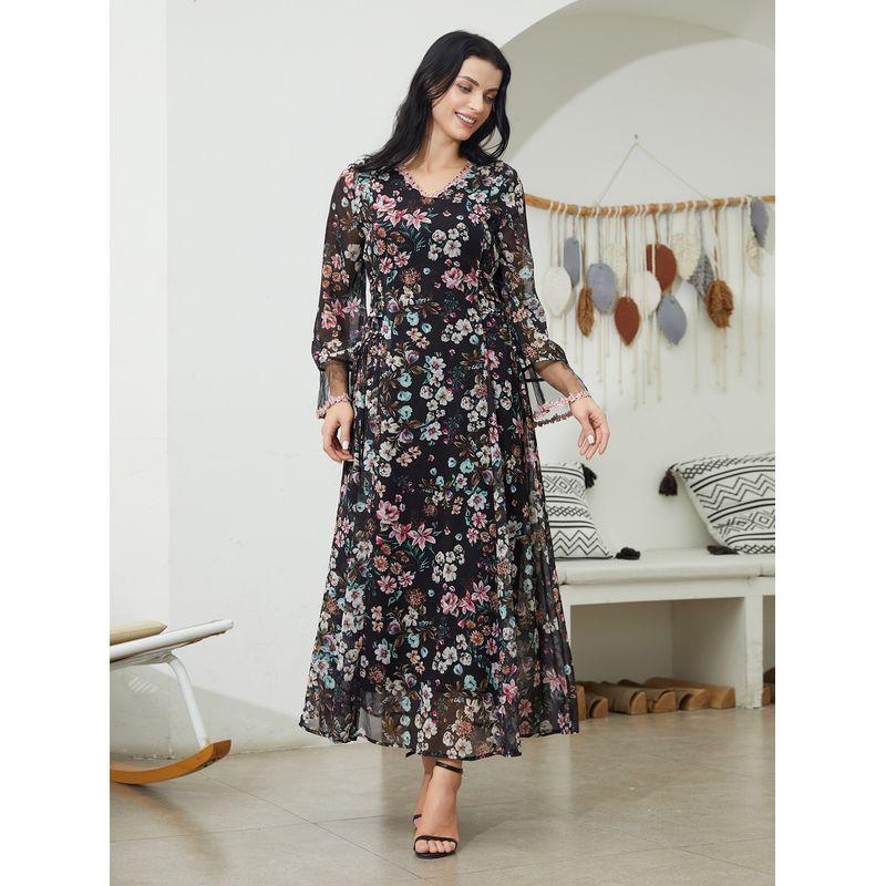 Western Style New Fashion Casual Loose Print V-neck Long sleeve dress V-Neck Printed Dress