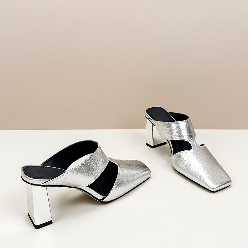 Square Slippers Summer New Square Head Shallow Hollow Breathable Set Foot Anti-slip Wear-resistant High Heels