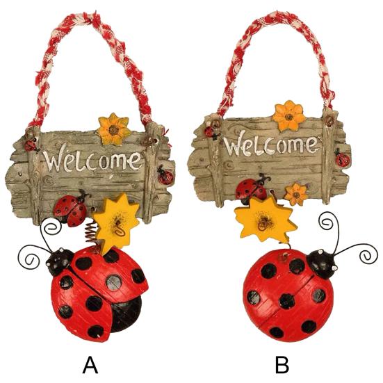 Znak powitalny w stylu kreskówki, słonecznik, dekoracja, żywy kolor, biedronka, wiosenny wieniec na drzwi na podwórko