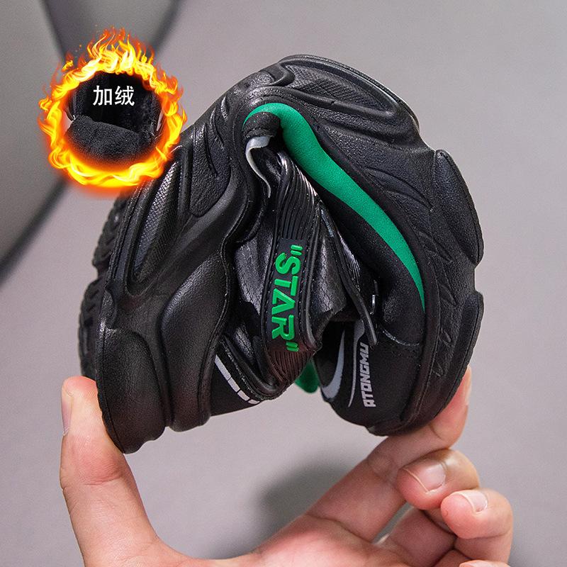 Teen Rotating Buttons Autumn and Winter Velvet Leather Surface Boys Dad Shoes Middle Older Children Girls Running Shoes Handsome Casual