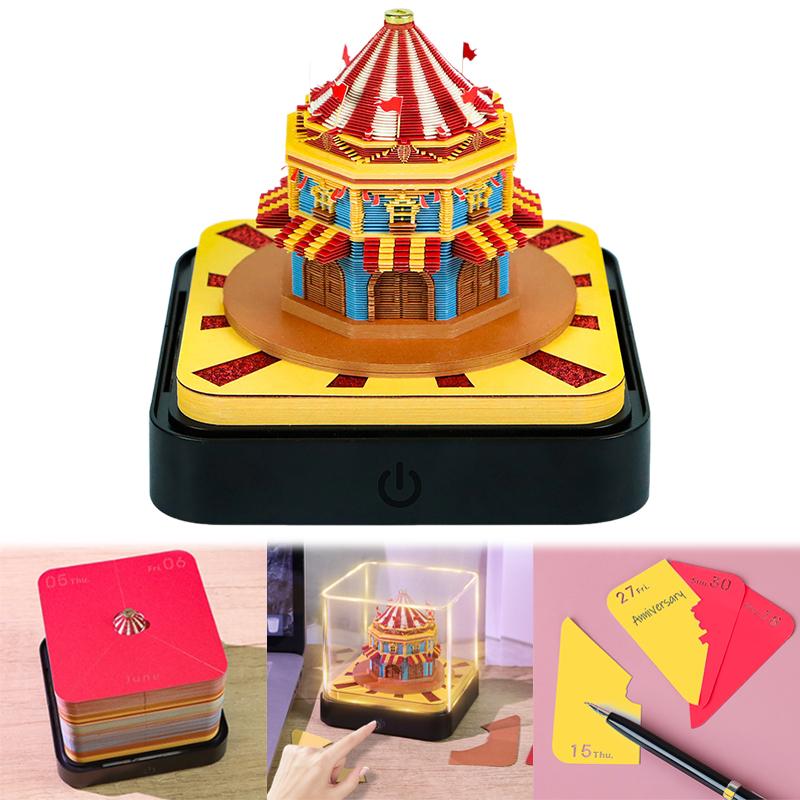 2026 Desk Calendar With Led Light Circus Panorama 3D Tear-Away Calendar Paper Carving Art Memo Pad Notepad Gift Home Decoration
