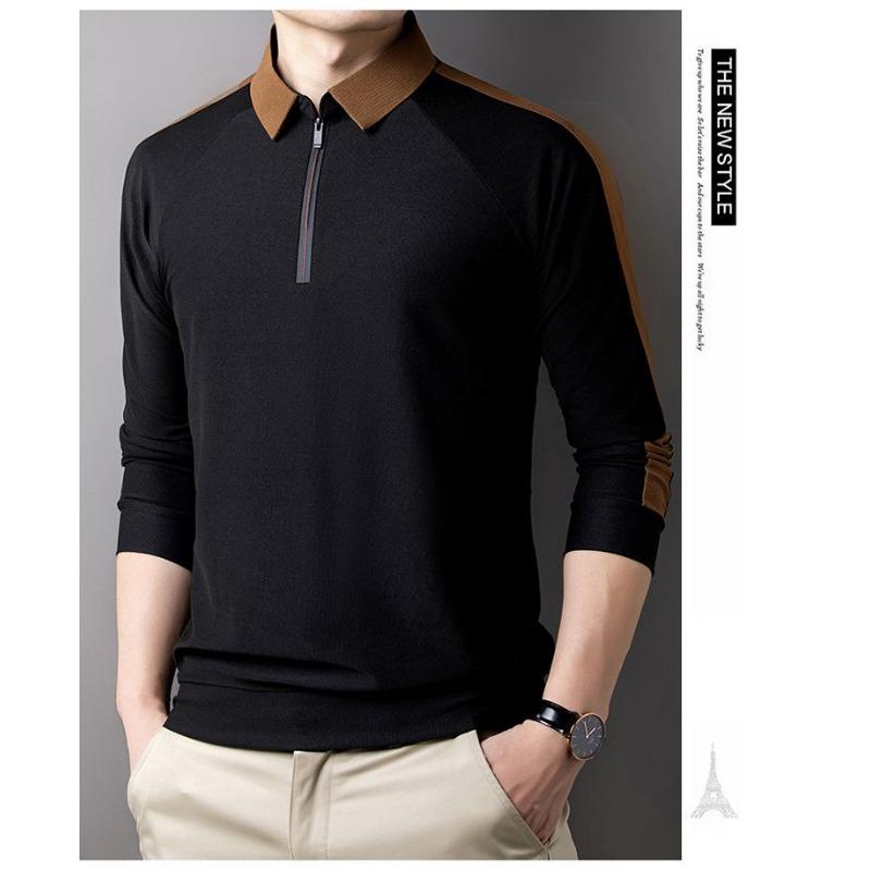 Spring and Autumn Men's Long-sleeved POLO Bottoming Middle-aged Dad High-end Lapel Zipper Collar Shirt