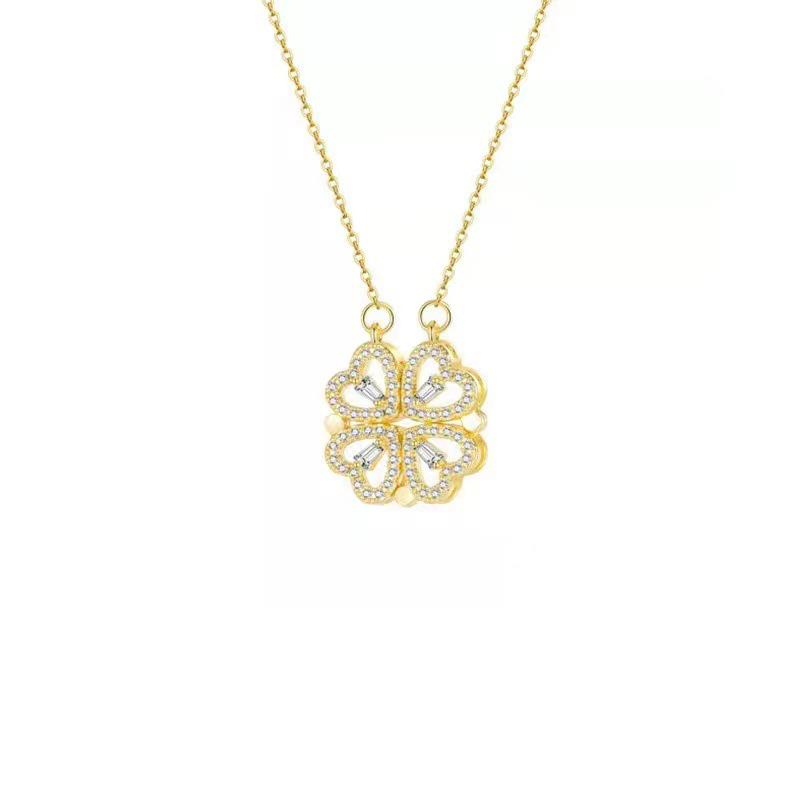 Four-Leaf Clover Multi-Wear Folding Clavicle Necklace with Full Diamond Love Design