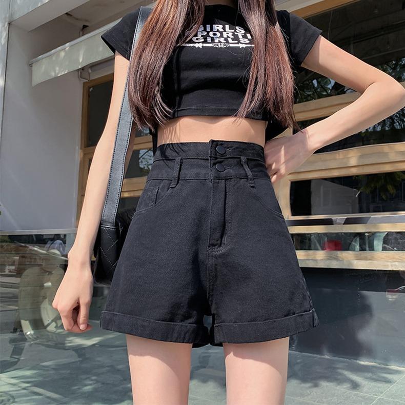 Skinny Fashionable Versatile Black Ultra-high-waist Denim Shorts Female Design Sense Double-button Loose Thin Outside Straight Rolled Wide-leg Pants