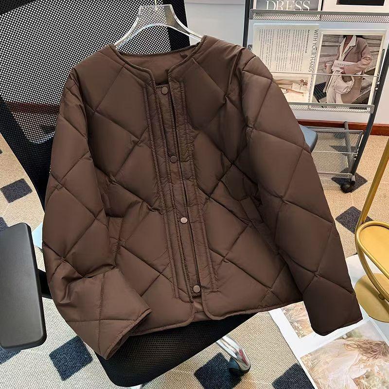 New autumn and winter thin down cotton jacket collarless rhombus grid small slim women's jacket