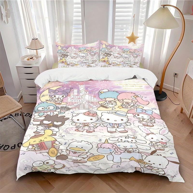 3pcs Sanrio Hello Kitty and Friends Printed Quilt Set - Includes 1 Quilt Cover and 2 Pillowcases, Machine Washable - Suitable for All Seasons.W10