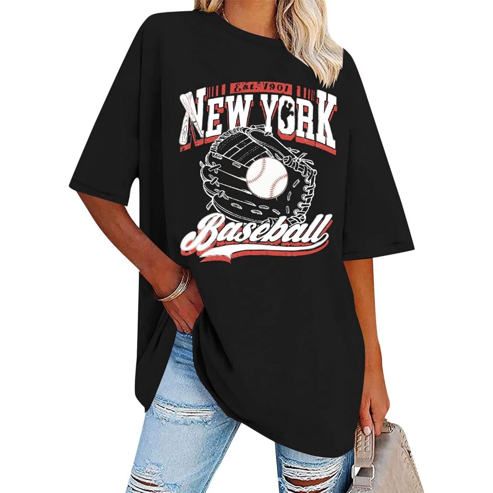 Baseball Shirts New York Baseball Shirt Women Oversized Baseball Mom Shirt Oversized Short Sleeve Tops S