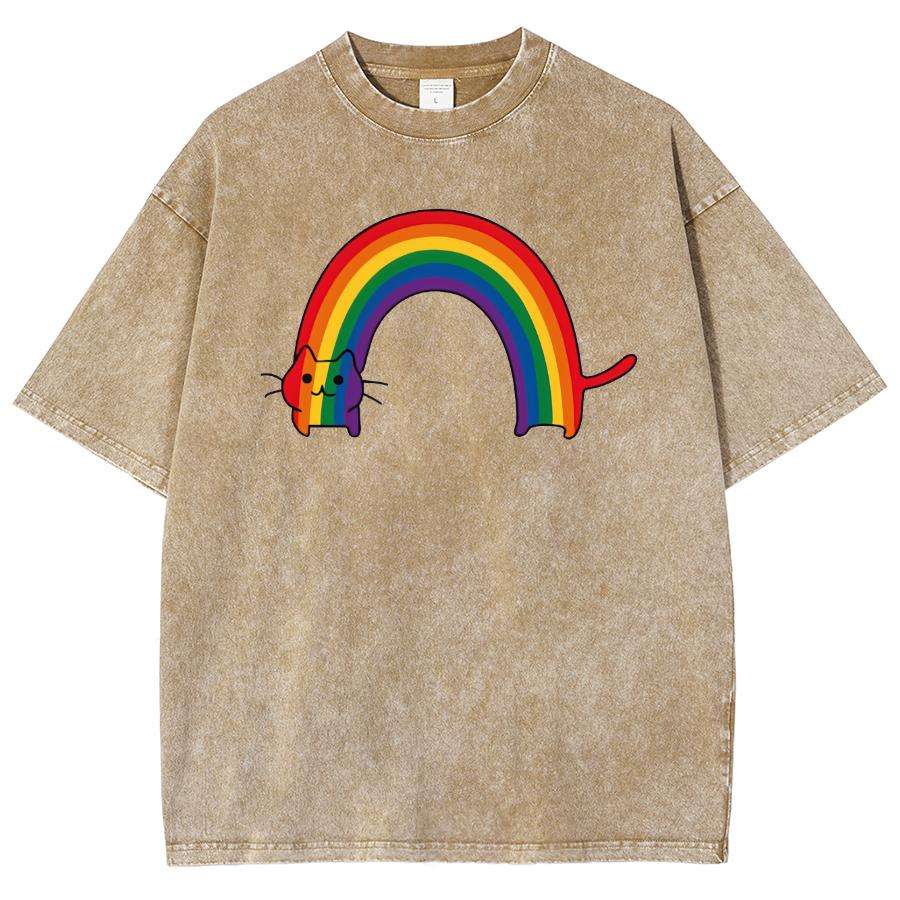Cartoon Funny Style Rainbow Cat Print Women's T-Shirt Fashion Simple And Cute Short Sleeve Wash Loose Retro Crew Neck