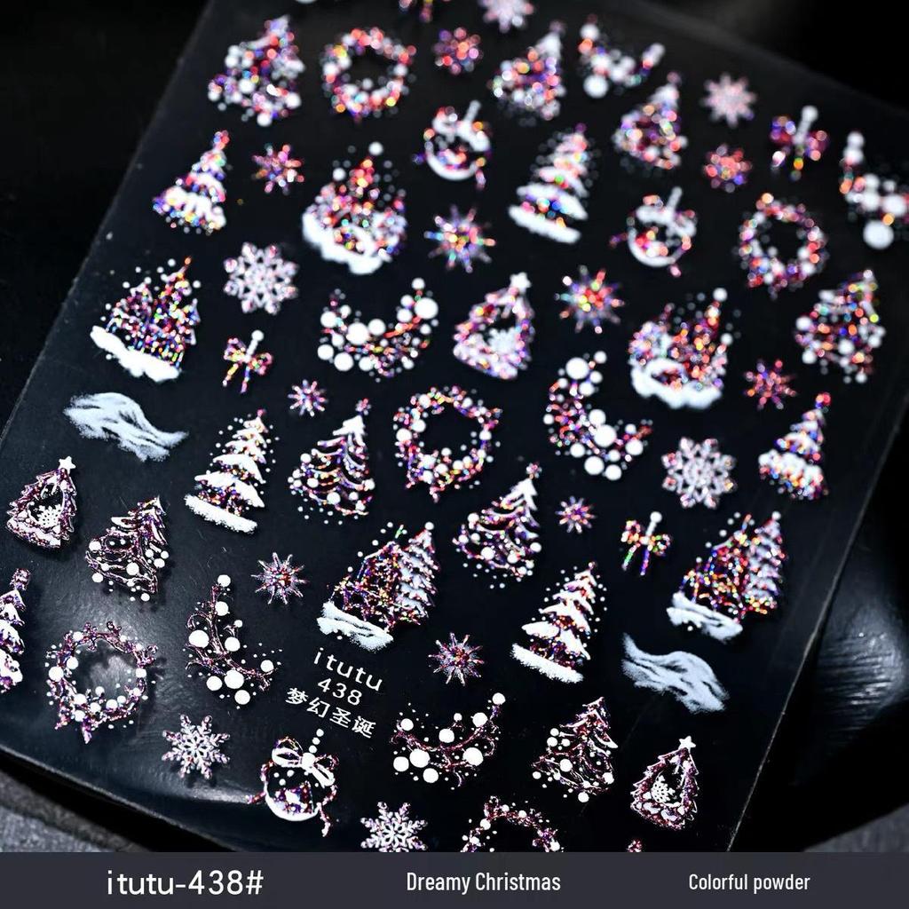 Itutu Christmas Nail Stickers: Colorful Trees, Wreaths, Snowflakes & Bows. Self-Adhesive, Hot Stamping Design for Festive Fingertips.