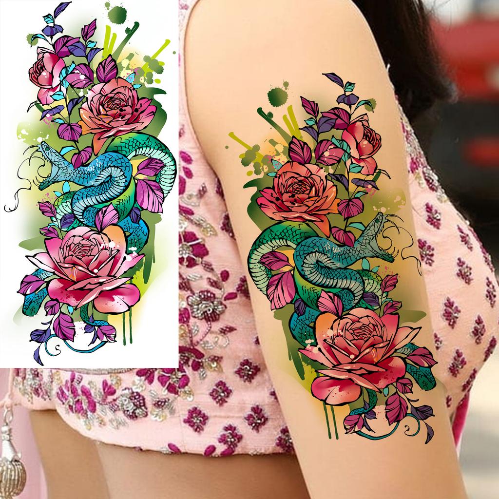 1 Sheet Butterfly Watercolor Flower Tiger Temporary Tattoos For Women Men Adults Fake Phoenix Parrot Lotus Tattoo Sticker Sleeve