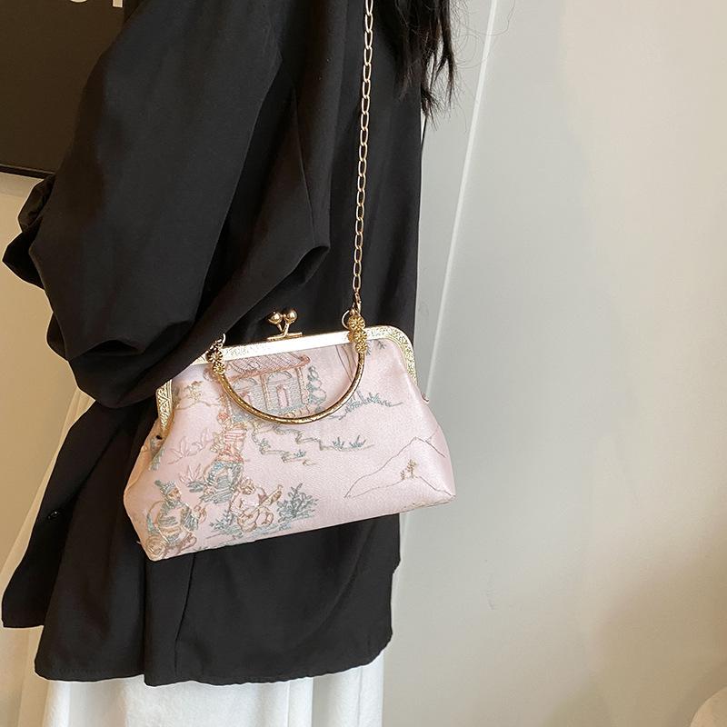 Broderi Håndveske Ny Stil Antikk Stil Cheongsam Bankett Clutch Kjedeveske Metalllås Liten Firkantet Veske