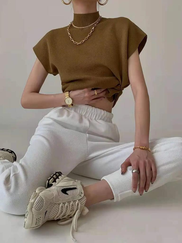 1pc Shirt And Blouses Office Lady Fashio Summer Woman Stand-up Collar Knitted Vest Loose Elegant Tops Short Sleeve