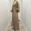 Damenkleidung, einfarbig, große Laternenärmel, helle Seide, lange Ärmel, Stehkragen, Rückenbindung, muslimisches Kleid, 6 Farben