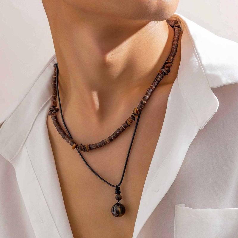 2 Piece Necklace Jewelry Set Handmade Tigereye Stone Coconut Shell Wood Beads Unisex Bohemian For Theme Event