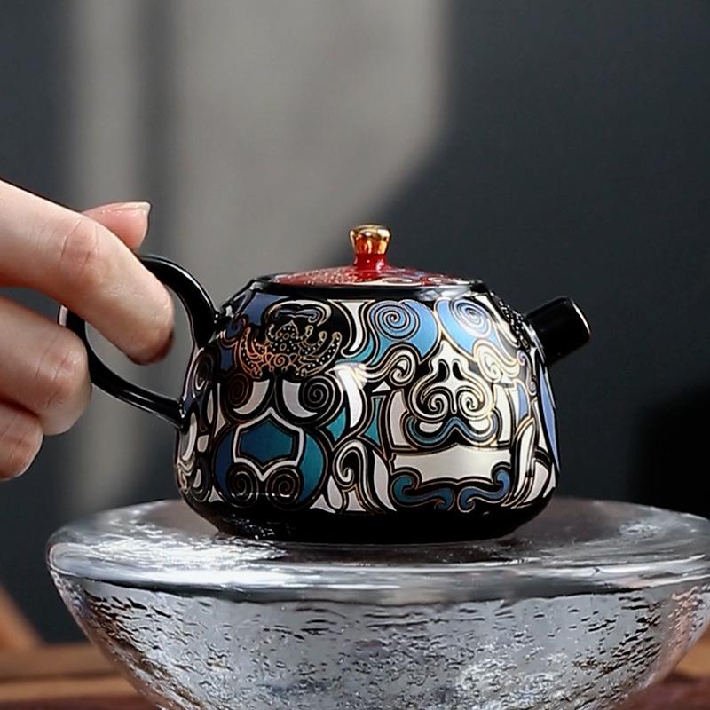 Gold & Silver Inlay Gaiwan Tea Set: Chinese Taotie Teapot with Gilded Teacup & Infuser