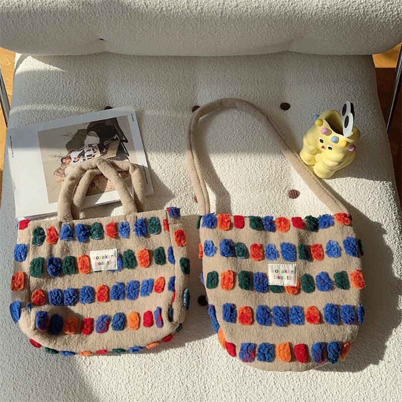 Color Plush Dots Women'S Bento Handbags Retro Design Female Fluffy Bucket Bags Large Capacity Shoulder Bag Purse Casual Tote