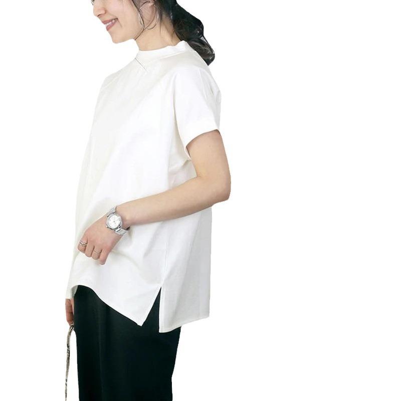 Summer Cotton Short-sleeved Women's T-shirt, French Jumper Women's Side Split Top Women's