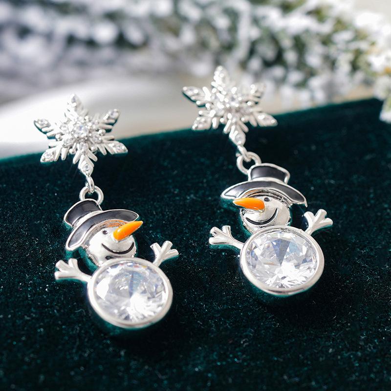Christmas Snowman Snowflake Earrings Female, Romantic Christmas Wind Festive Atmosphere, Micro Inlay