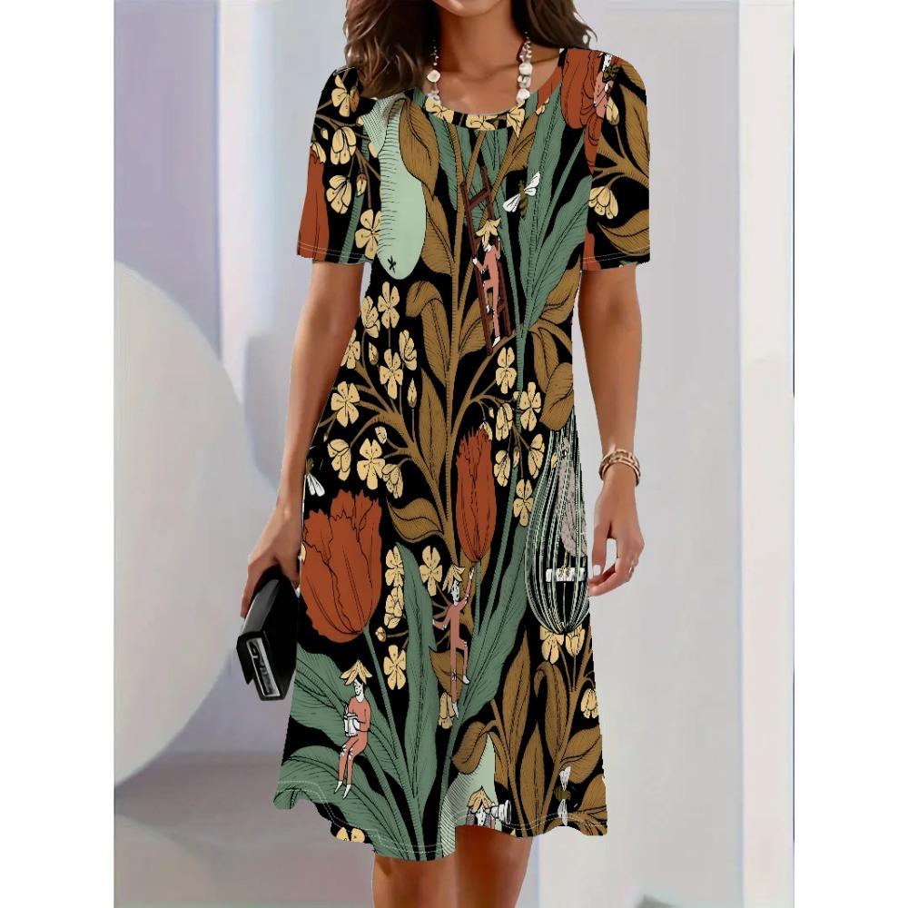 Women Dress Fashion Flower Pattern Printing Summer New Temperament Elegant Casual Women A-Line Dress Short Sleeve Mini Dress
