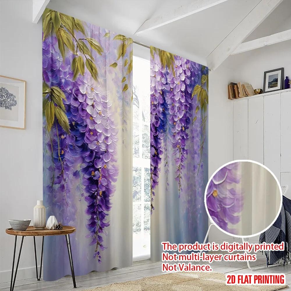 Plane Printing Pattern Curtains Purple Wisteria Versatile Durable Polyester Without Rod Decorations Home Use Curtain Set Of 2 Made Washable