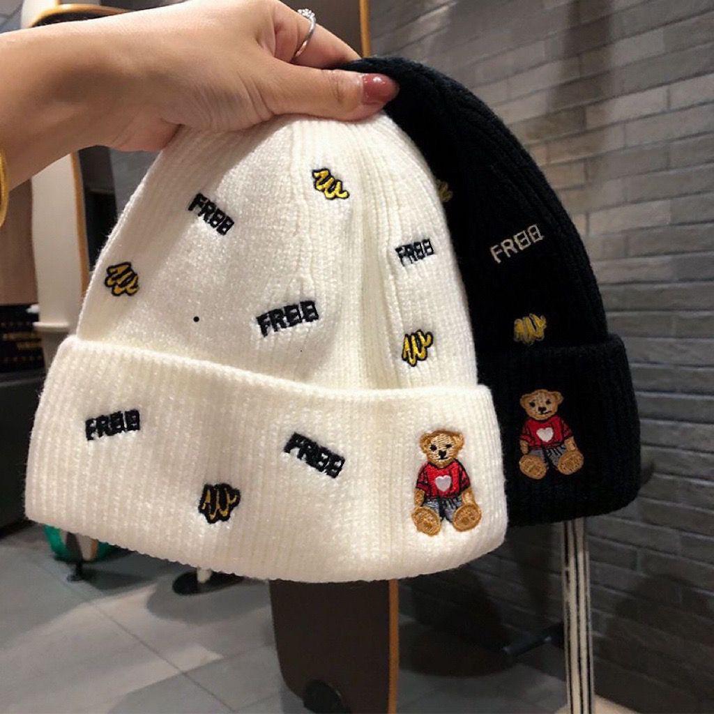 Women's Cute Bear Woolen Hat: Fashionable, Warm, Versatile Knitted Beanie with Ear Protection and Embroidery