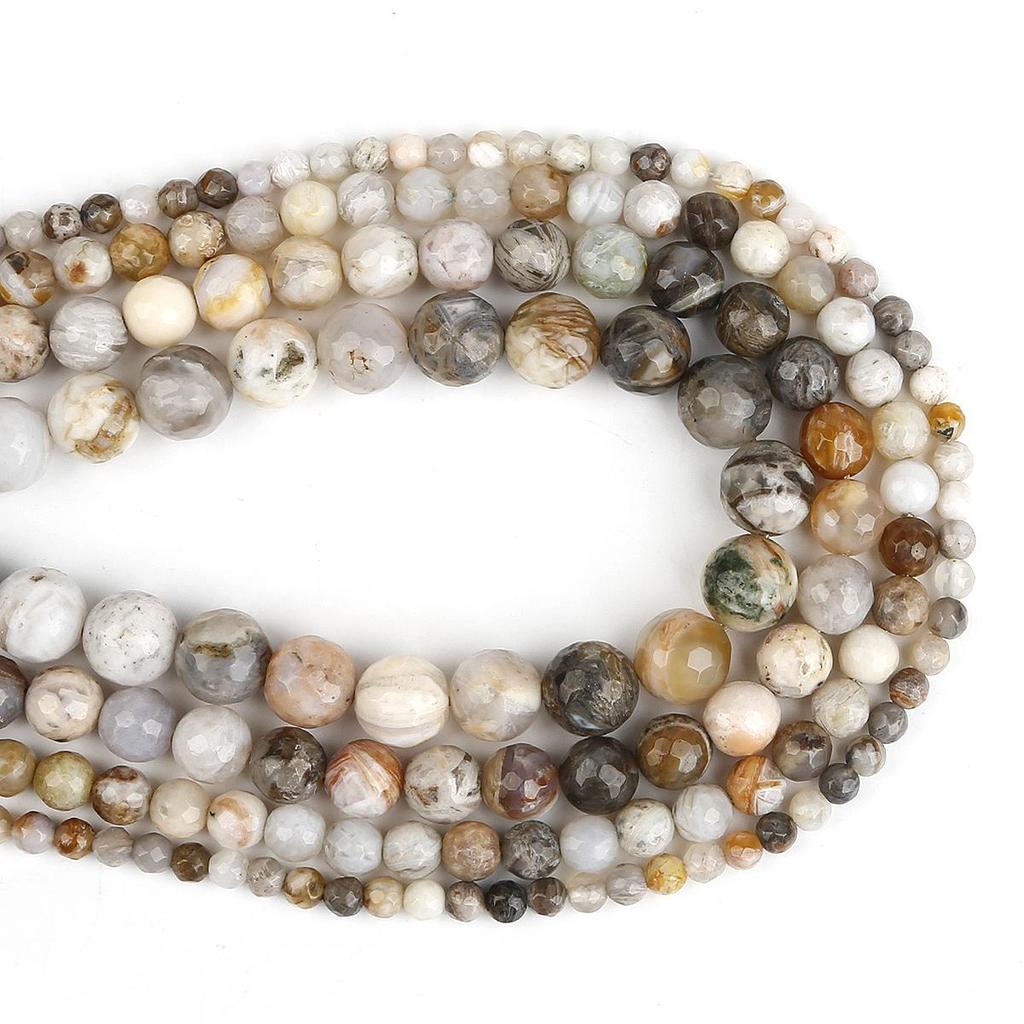 4-10mm/38-93Pcs Přírodní kulatý bambusový listový achát Fasetové kamenné korálky pro vlastní výrobu šperků