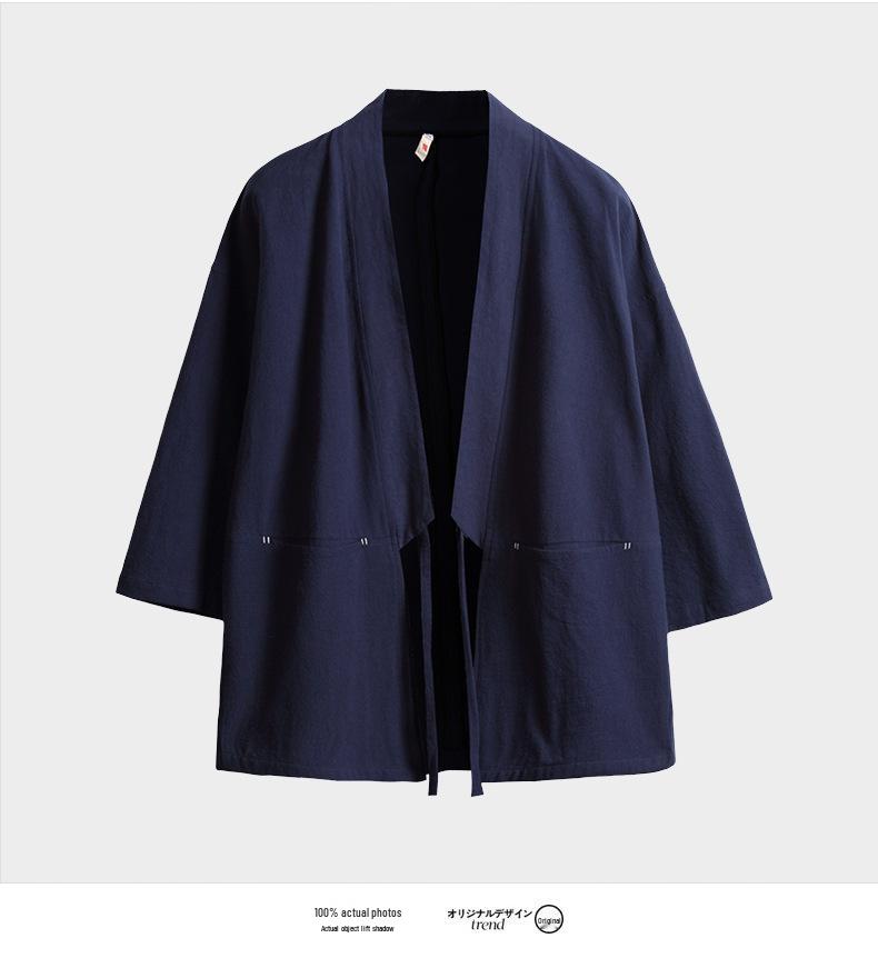 Men's Chinese-Style Trench Coat with Tie-Waist, Cape Design, Seven-Sleeve Dao Robe, and Embroidered Hanfu Details.
