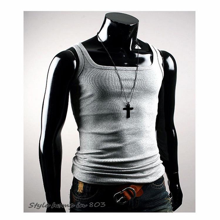 

Мужская летняя хлопковая майка с квадратным вырезом – Модная облегающая посадка, эластичная, повседневный корейский стиль M темно-синий