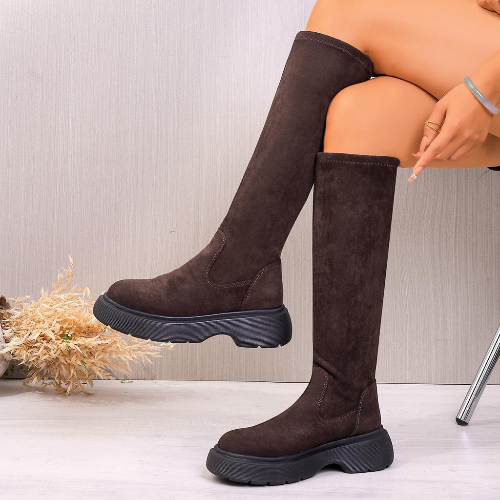 Woman Ankle Boots Platform Punk Style Knee High Boots Woman Concise Slip on Elastic Slim Shoes Ladies Outdoor Thick Bottom Shoes