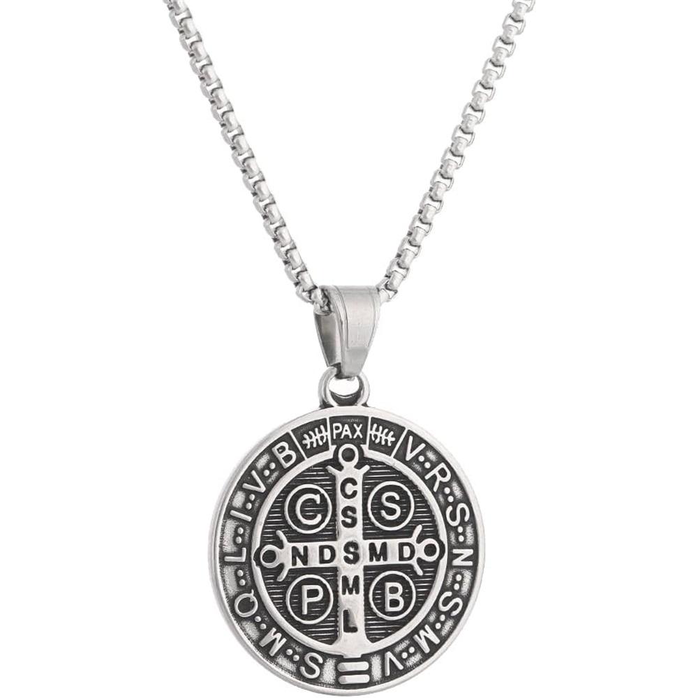 Collana Medaglia dell'Esorcismo di San Benedetto - Ciondolo Croce Romana Cristiana Cattolica in Acciaio Inossidabile - Medaglia Amuleto Santo Patrono Gioielli Religiosi