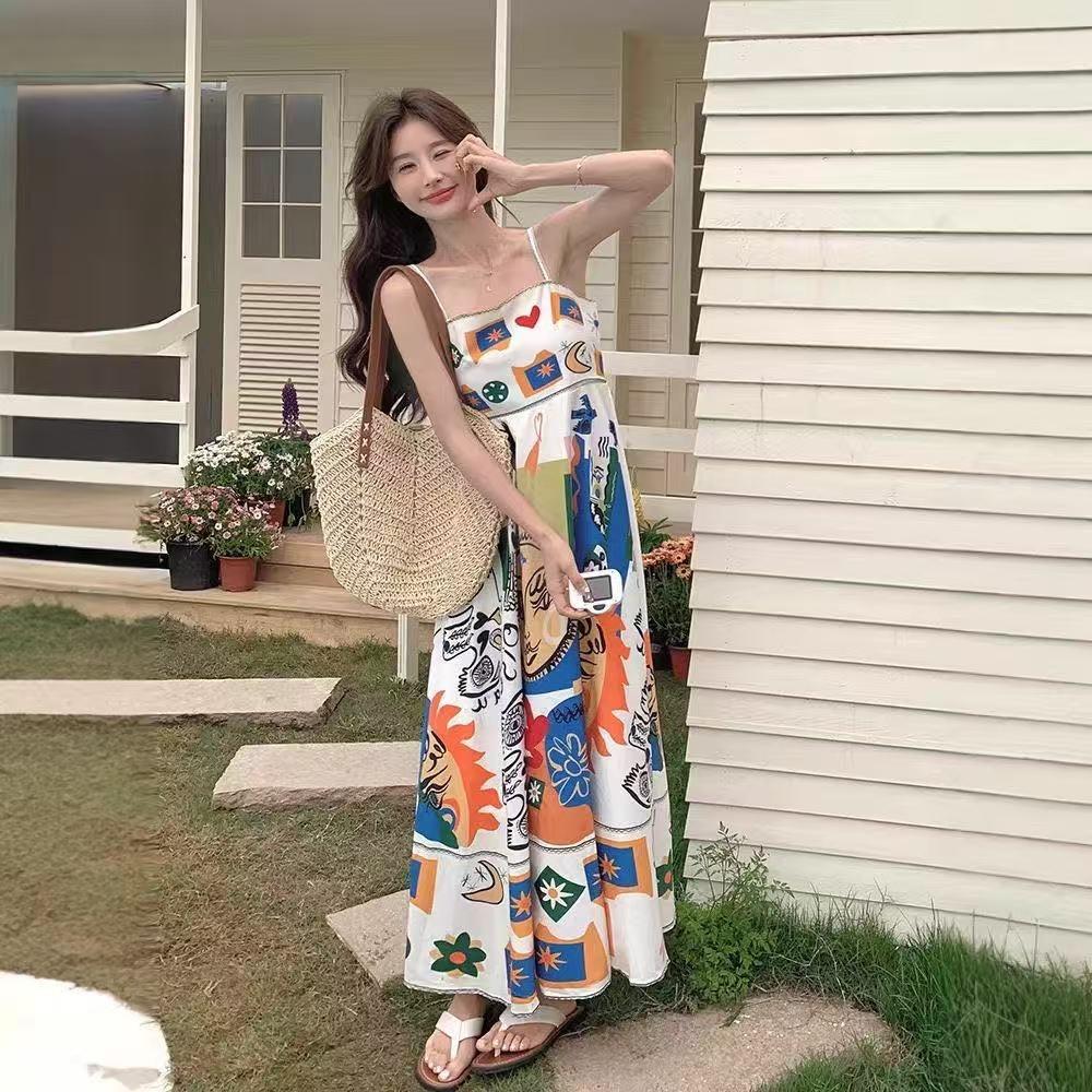 Retro Ethnic Style Oil Painting Graffiti Printing Suspender Dress Women's Summer New Style Niche Seaside Long Skirt