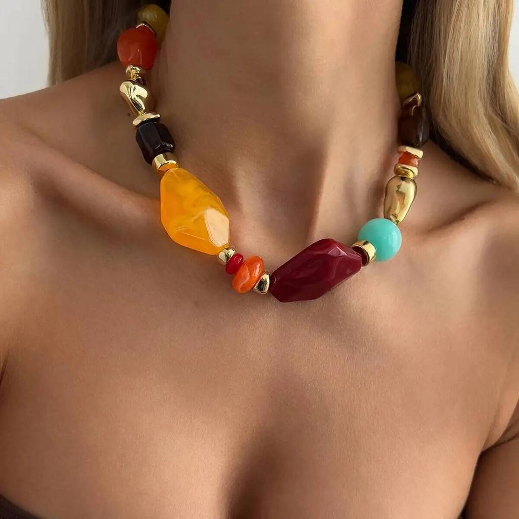 SHIXIN Boho Creative Colorful Resin Bead Short Choker Necklace Women Vintage Irregular Adjustable Sweater Clavicle Chain Jewelry