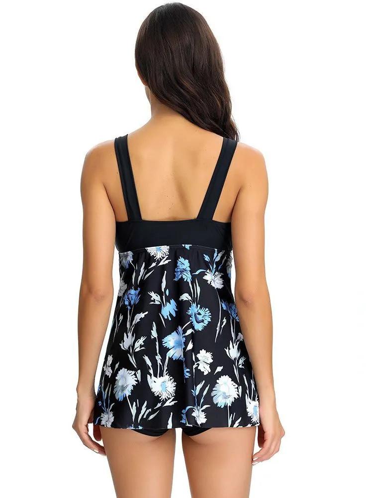 Women's Flat Front Skirt Printed Sleeveless Swimsuit