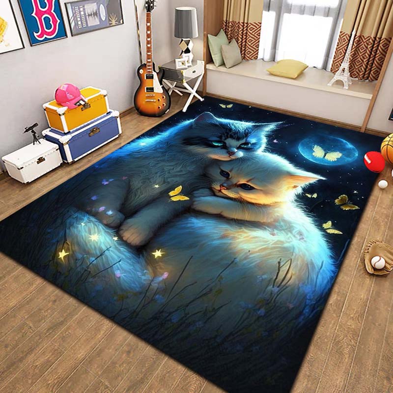 Cute Cartoon Cat Pet Animal Print Flannel Area Rug Non‑Slip Soft Floor Mat For Couch Bedroom Living Room Indoor Home Decor Gift
