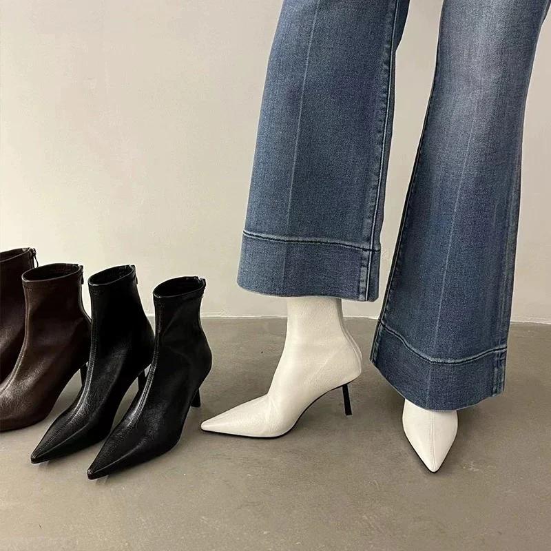 Spring Pointed Toe Women Modern Ankle Boots Fashion Soft Leather Short Booties Concise High Heels Shoes