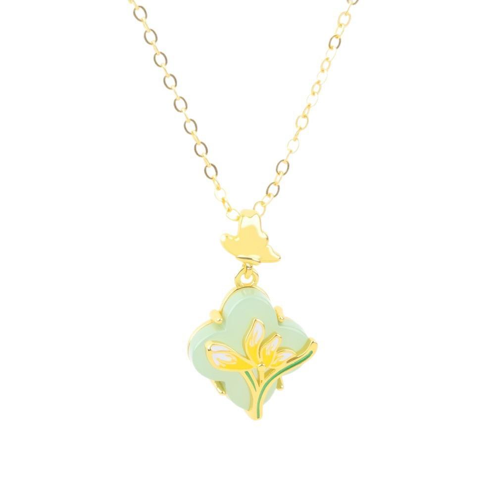 Gold Plated Green Jade Flower Butterfly Pendant Necklace Elegant Chinese Style Jewelry for Women