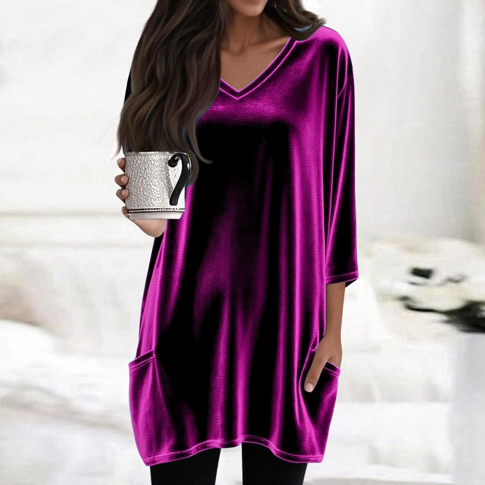 

Женские топы с V-образным вырезом и рукавом 3/4 Блузки Повседневные рубашки средней длины Модные принты Туники Топы с карманами L фиолетовый