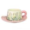 Kontrastfarben Ölmalerei Rosa Windspiel Blume Kaffeetasse Nachmittagstee Tasse Retro Keramiktassen- und Untertassenset Mädchen Souvenir Geschenk