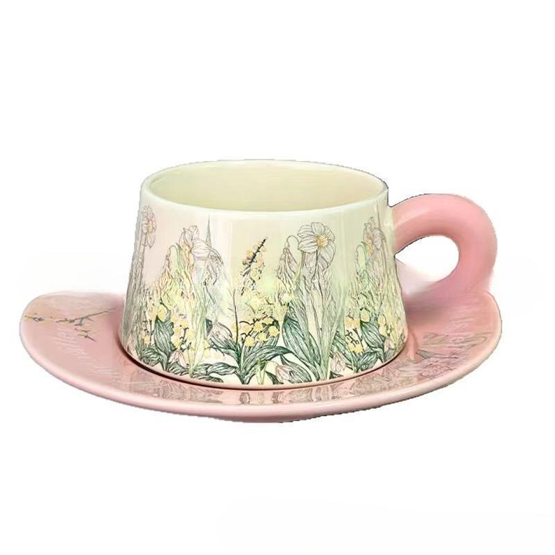 Kontrastfarben Ölmalerei Rosa Windspiel Blume Kaffeetasse Nachmittagstee Tasse Retro Keramiktassen- und Untertassenset Mädchen Souvenir Geschenk