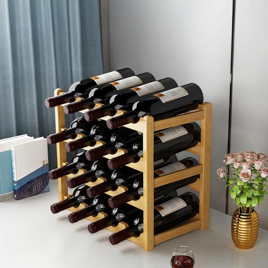 Bamboo Wine Rack Holder Bar Cabinets Stackable Storage Cube Tabletop for Champagne Multilayer DIY Assembled Natural Wood Bottle Holder for Kitchen