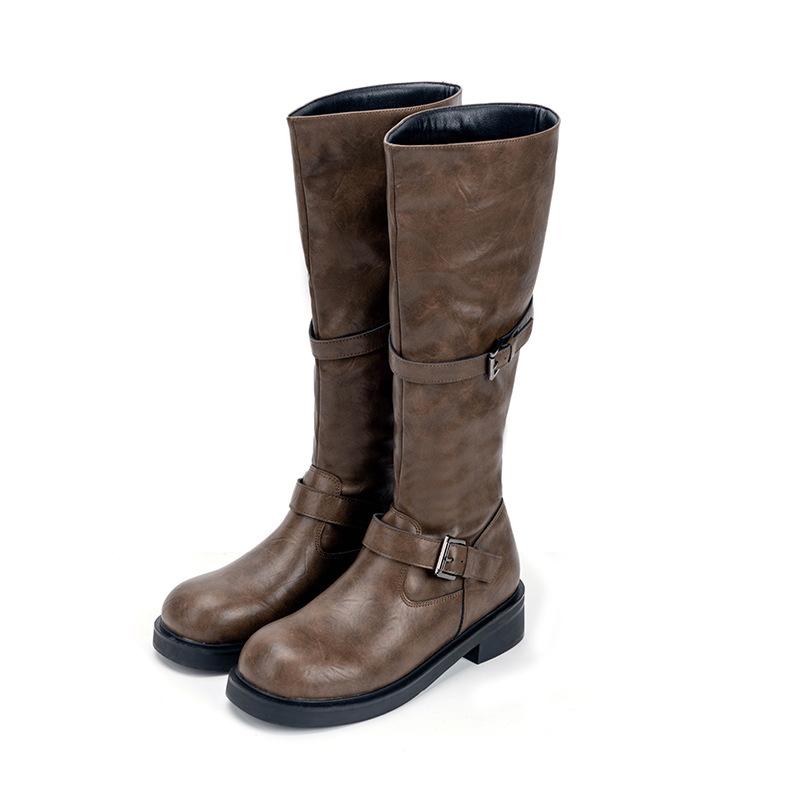 

Thick-soled round head retro polished long knight boots women s thick heel medium and high boots versatile tooling boots 35 коричневый