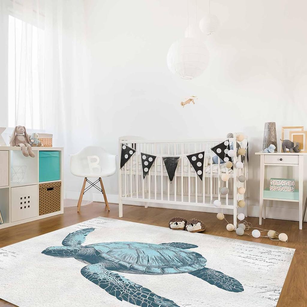 Turtle Washable Area Rugs Blue Ocean Animal Vintage Texture Non Slip Rugs for Living Room Bedroom,Low Pile Floor Mat Large