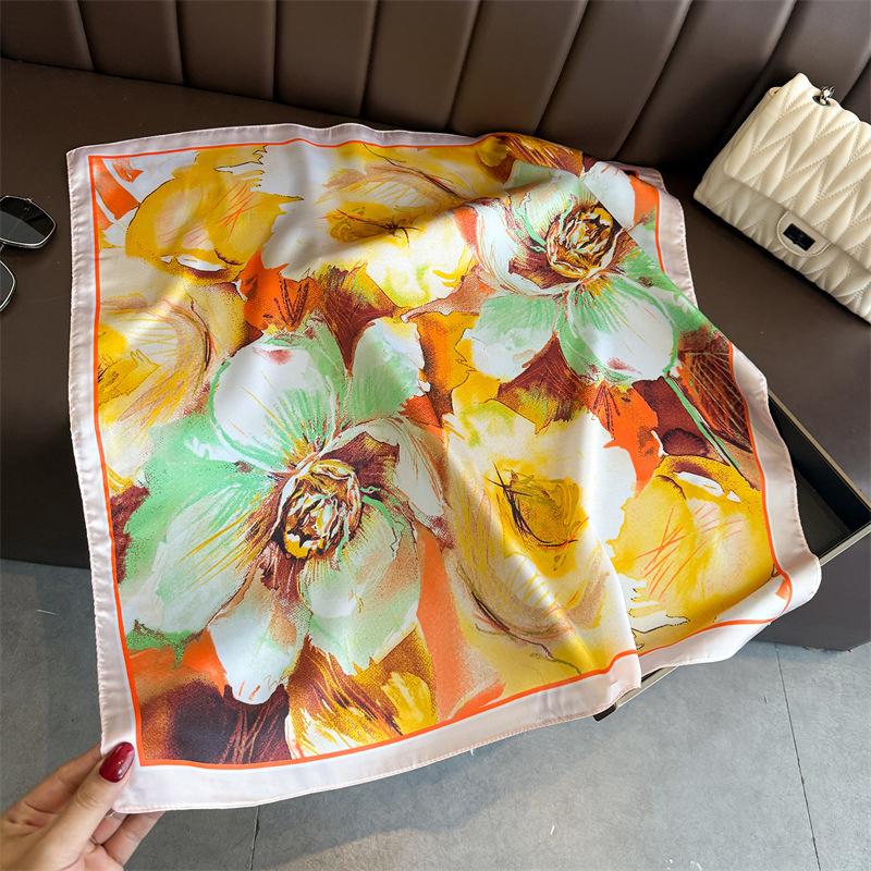 New Floral Print Shawl Square Scarf For Women Soft Satin Wraps Neckerchief Female Hair Bands Ribbon Headband Bandana