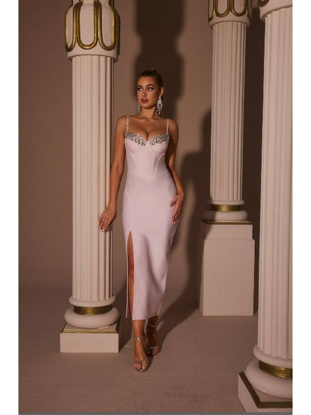 European-American Rhinestone Bandage Evening Dress with Side Slit