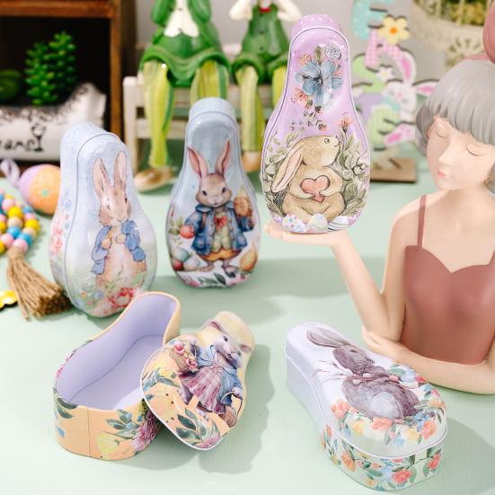 Wielkanocne Puszkowe Pudełko na Cukierki Wzór Króliczka Metalowa Puszka do Przechowywania Ciastek i Herbatników Pusta Metalowa Pojemnik na Wielkanocne Smakołyki Pudełko Prezentowe Wielkanocne z Pokrywką na