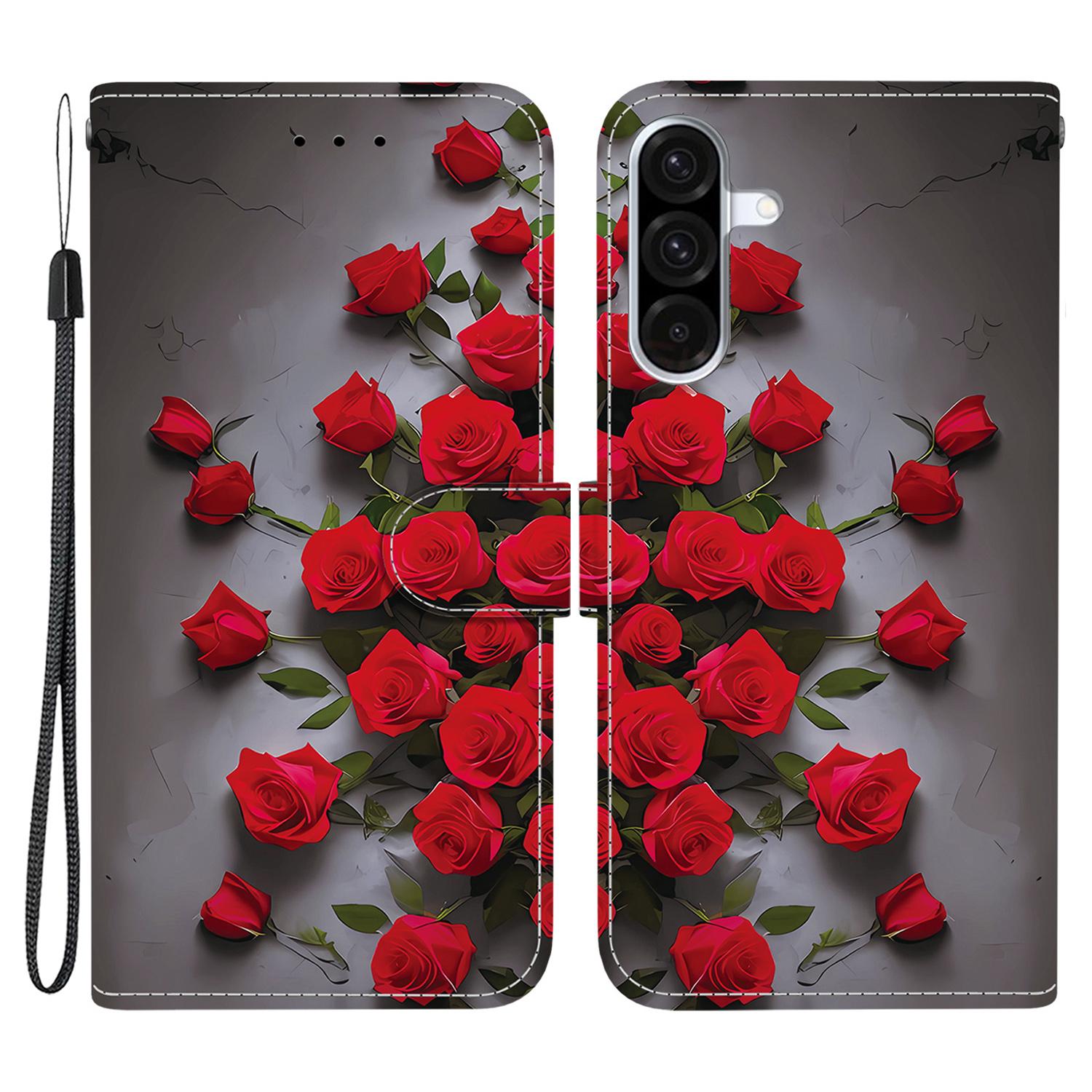 

For Samsung Galaxy A56 5G Leather Case Stand Wallet Pattern Printing Phone Cover with Wrist Strap Red Rose
