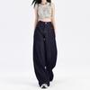 High-waisted wide-leg jeans for women's autumn and winter, trendy and versatile new dark blue loose fleece floor pants