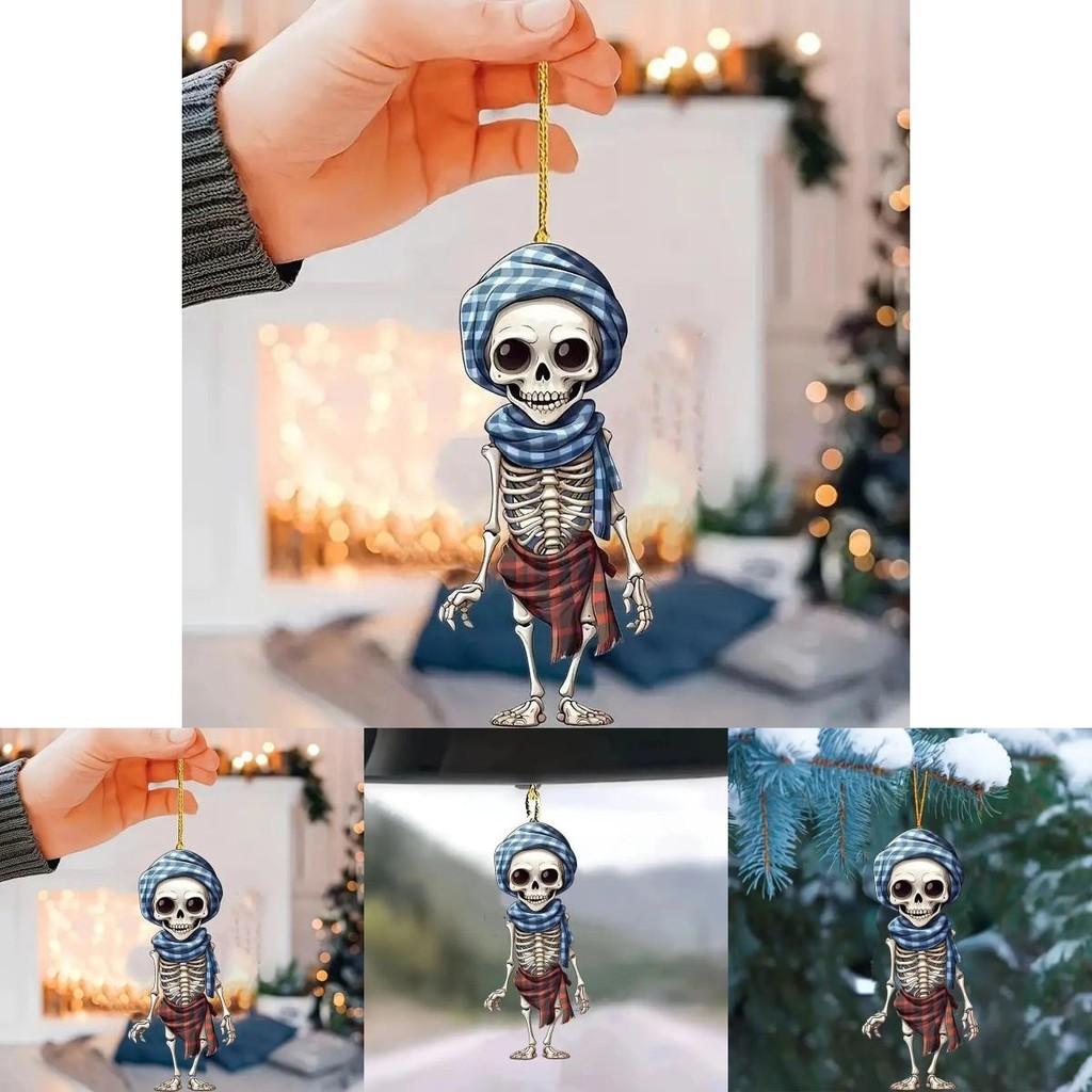Acrylic Skull Car Pendant With Checkered Scarf Design For Halloween Decor