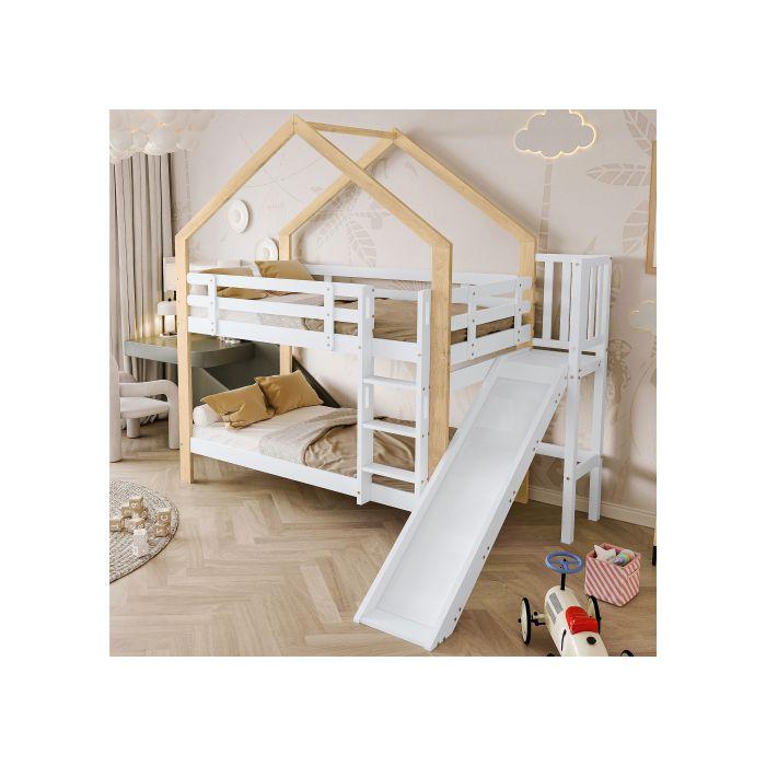 Bunk Bed - MUVOE - House with Slide - Angled Ladder - Solid Wood - 2 Places